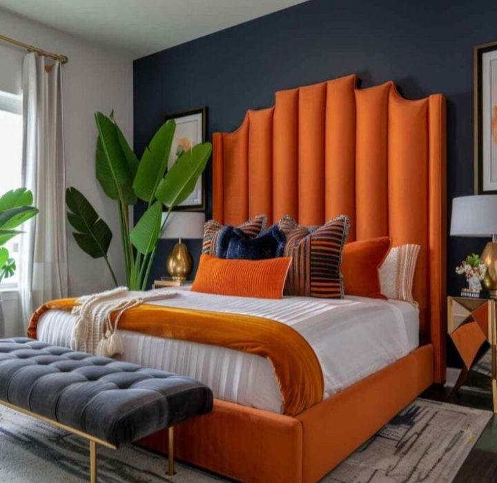 Irregular Panel Shaped Upholstered Headboard and Base Set