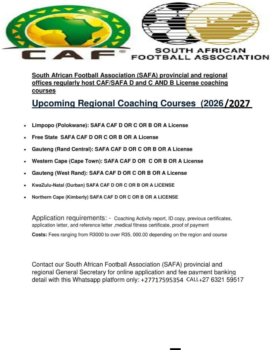 SAFA CAF COACHING COURSES 2026 – 2027 REGISTRATION NOW OPEN!